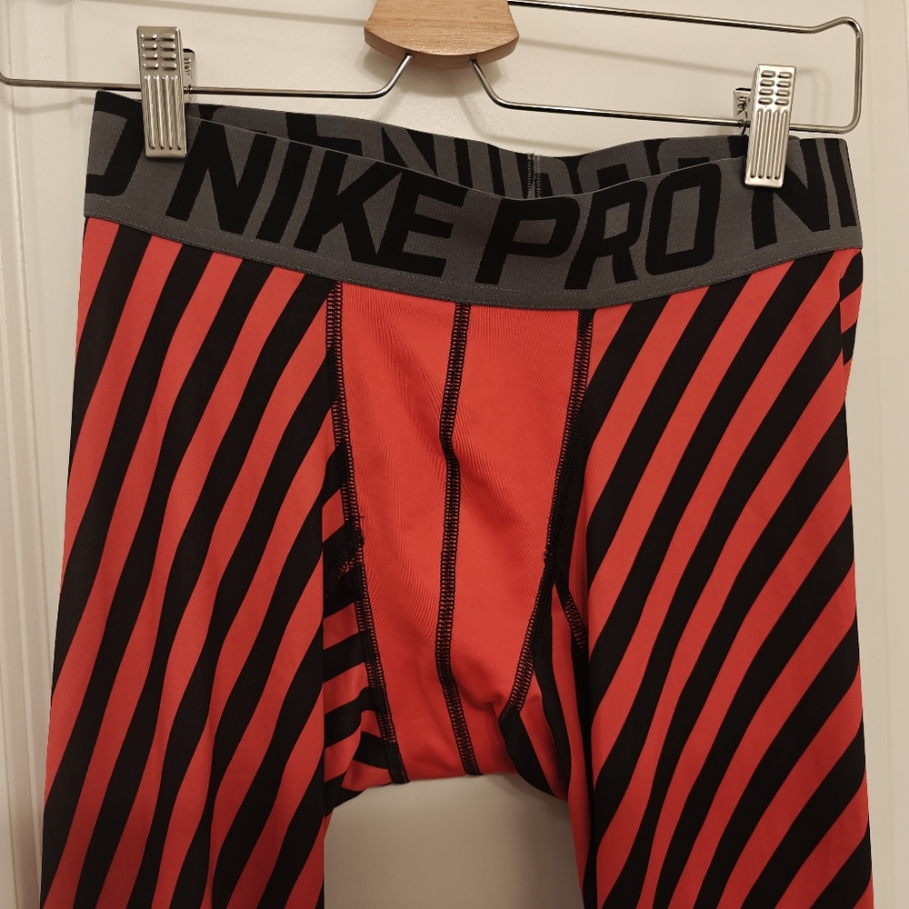 Nike Pro Men's Red and Black Striped Compression Leggings